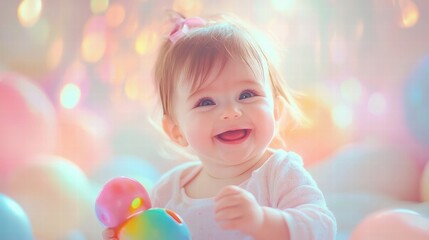 Fototapeta premium adorable baby girl smiling in pastel setting