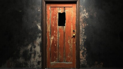 Old Weathered Wooden Door With Hole In Wall