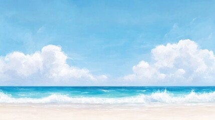 Serene beach, ocean waves, blue sky, clouds, summer vacation