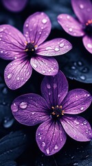Purple flowers with water droplets glistening in the sunlight, showcasing natural beauty and vibrant colors in a serene garden setting