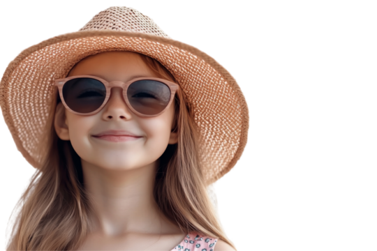 Smiling girl in sunglasses beachfront png background transparent cutout summer vibe joyful atmosphere