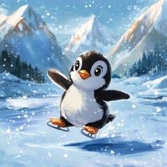 Cute penguin ice skating on a frozen lake with snowy mountains in the background.