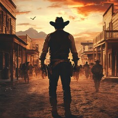 Rugged cowboys walking into an old  dusty western town preparing for a gunfight at dawn