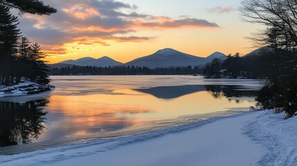 Winter Lake Placid at Sunset with Snow and Mountain View
