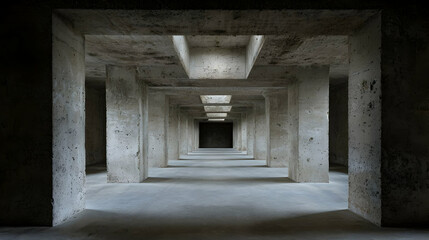 Obraz premium Concrete corridor, underground structure, light shafts, architectural detail, industrial setting