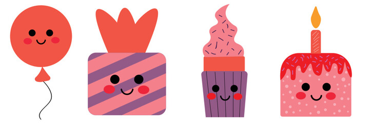 Cute Smiling Balloon, Gift Box, Cupcake, and Candle Dessert Illustration