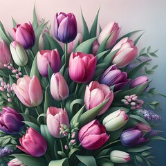 Obraz premium bouquet featuring tulips in various hues of pink and purple, interspersed with green leaves and stems