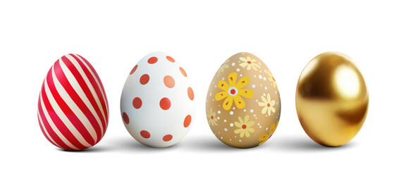 A lively assortment of Easter eggs featuring candy-like stripes, cheerful polka dots, floral patterns, and a lustrous gold finish—ideal for spring festivities, décor, or crafts. 3d vector illustration