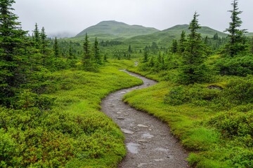 Obraz premium A narrow dirt path winding through a quiet pine forest, leading deeper into the wilderness