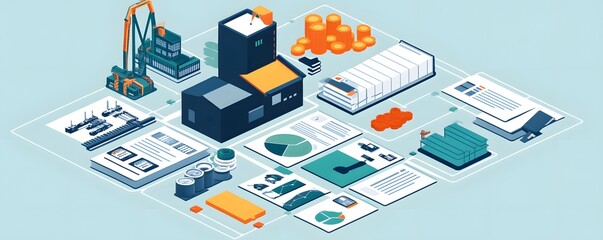 Fototapeta premium Isometric illustration displays manufacturing process with buildings and data insights