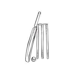 Cricket stumps and cricket bat and ball. Black and white drawing line drawn vector. Sports. 