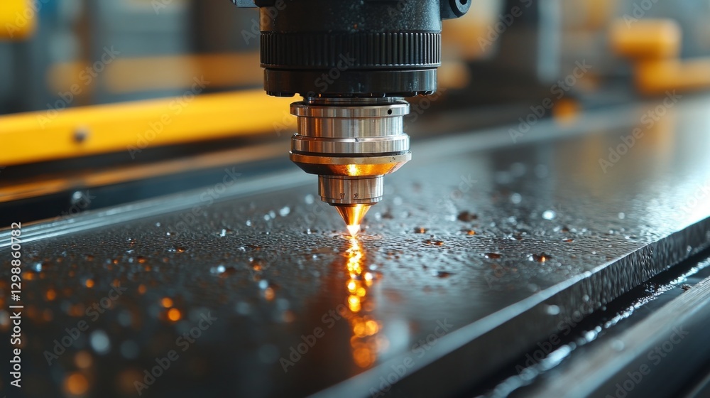 Poster a powerful laser beam focuses on a metal sheet, cutting through with precision in a modern manufactu