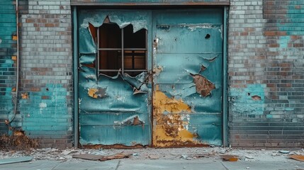Rusted teal metal doors in a decaying brick building