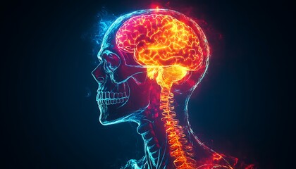 A digitally rendered illustration of a human brain and skeleton