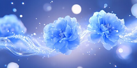 Blue flowers illustration with glowing light and sparkles on a blurred background for floral decoration and abstract design