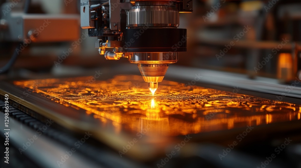 Aufkleber high-tech laser equipment operates in a manufacturing plant, skillfully cutting intricate designs in