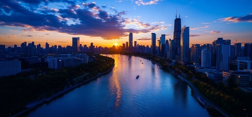 Fototapeta premium Cityscape sunset over river, buildings, boats
