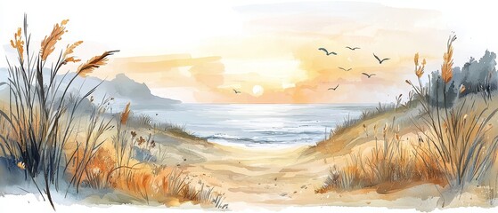 Obraz premium Tranquil ocean sunrise escape coastal beach watercolor art serene environment landscape perspective relaxation concept
