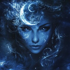 Moon Goddess Portrait Illuminated by Silver-Blue Light With Celestial Symbols Glowing in the Background