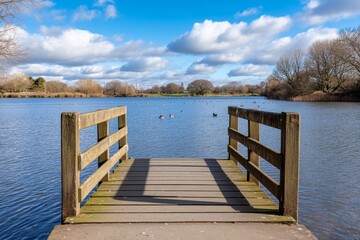 A peaceful lakeside footbridge with ducks swimming underneath