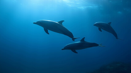 Obraz premium Underwater dolphin silhouettes swimming in the ocean, peaceful and fluid