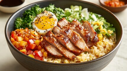 A bowl of Chinese fried rice, with fluffy rice stir-fried with vegetables, scrambled eggs, and soy sauce, topped with slices of crispy pork