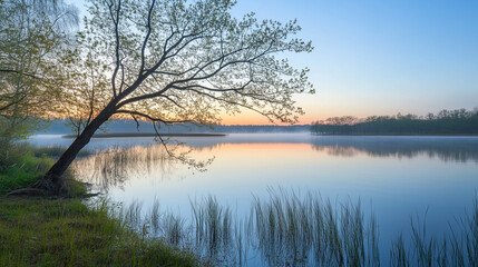 Obraz premium Tranquil sunrise over a calm lake, evoking peace and serenity.