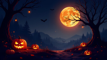 Fototapeta premium A Halloween night with pumpkins and bats