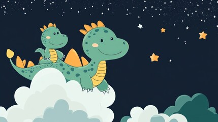 Obraz premium Cute dragons flying on clouds, night sky, stars, children's illustration, nursery decor