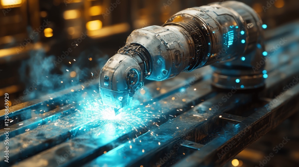 Aufkleber A robotic arm performs precise welding on a conveyor, using advanced technology to enhance efficiency and productivity in modern manufacturing processes.