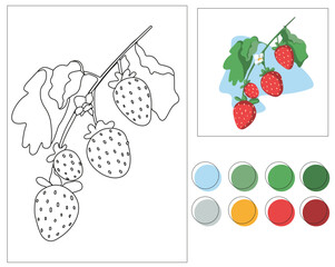 A minimalist coloring page featuring a strawberry branch and a color palette for easy shade selection. Perfect for kids creativity, educational materials, and stress-relief coloring