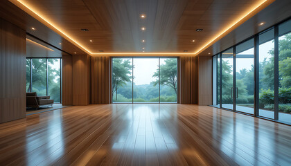Modern Empty Hall with Wooden Floors and Walls Bathed in Natural Light From Large Windows Overlooking a Serene Forest in the Daytime