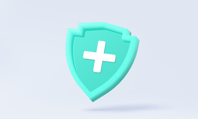 Green shield protection with plus symbol 3D vector icon on pastel background. assistance insurance immune service healthcare medicine hospital support doctor medical emergency. illustration