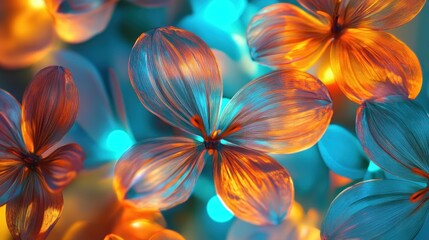 Obraz premium Glowing Flowers with Vibrant Petals and Soft Bokeh Lighting Backdrop