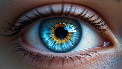 Vivid Blue Eye with Detailed Iris Surrounded by Long Dark Eyelashes Capturing Intricate Details in Close-up Photography