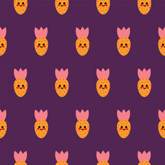 Naklejka premium Cute Strawberry Pattern With Smiling Cartoon Faces on Purple Background