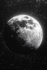 Fototapeta premium Stunning black and white image of the moon surrounded by countless stars, showcasing its detailed craters and illuminated surface in deep space
