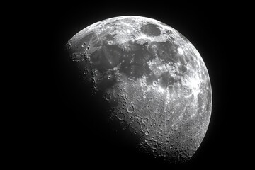Detailed close-up of the moon in black and white, showcasing its craters, surface textures, and illuminated crescent against the dark space