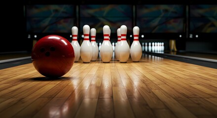 "Action-Packed Bowling: Red Ball in Motion Towards Pins"