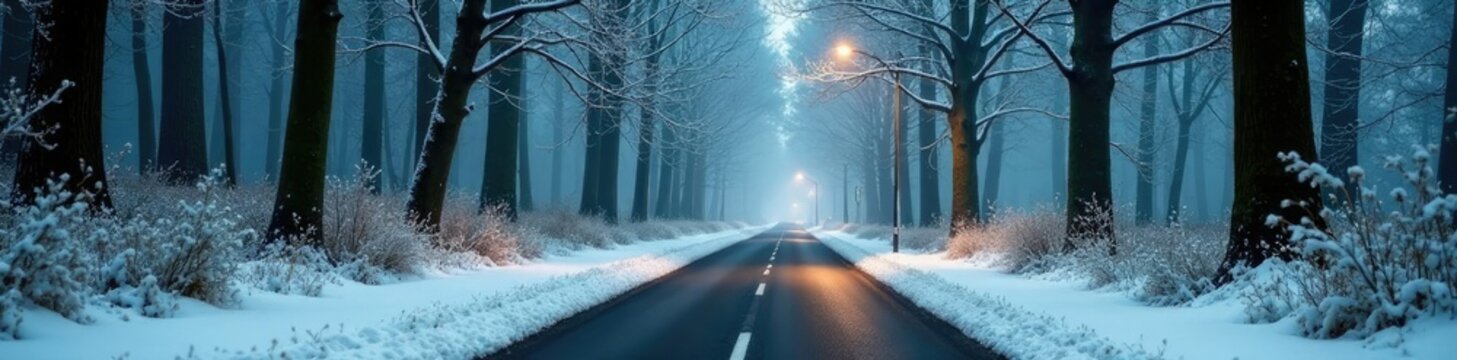 Alte Stra?e unter dichten B?umen in einem dichten Nebel mit Schnee, Waldrausch, gr?n, stra?e