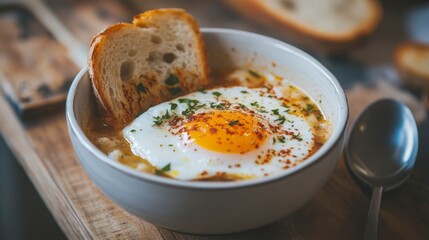 A bowl of Spanish sopa de ajo, a garlic soup with broth, garlic, bread, and paprika, topped with a poached egg for a warming meal