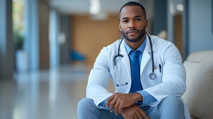 Obraz premium Thoughtful man in a white coat and tie relaxing on a couch in a modern office environment