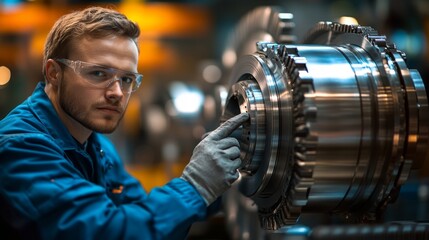 A skilled technician in protective eyewear focuses on adjusting complex machinery components in an automated manufacturing facility. Bright lights illuminate the high-tech environment.
