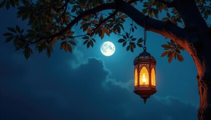 An arabic lantern suspended from the branches of a majestic tree under the full moon, majestic, suspension, tree