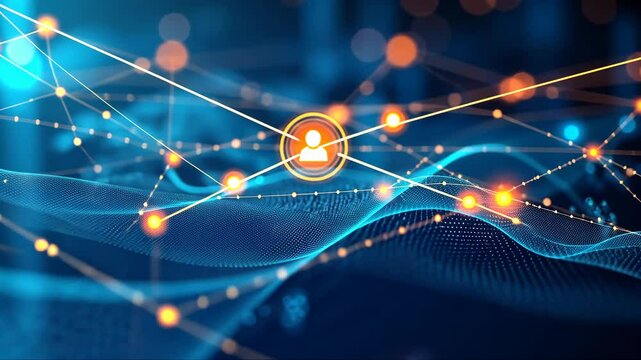 Blue and orange line pattern with many dots. The blue and orange lines are connected to each other and the dots are scattered throughout the image