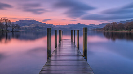 Obraz premium Tranquil sunrise over a calm lake, evoking peace and serenity.