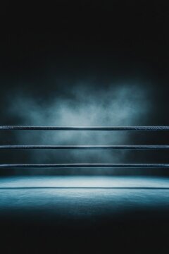 close-up of empty boxing ring under powerful warm-toned lighting emphasizing ropes and padded corners