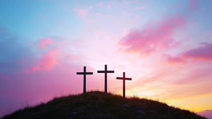 Holy Saturday Christian Observance with Cross Crosses silhouetted against a colorful sunset.