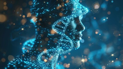 Fusion of DNA and Physical Network Molecules Creating a Human Body Connection in a Futuristic Blue Setting