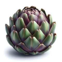 Obraz premium A single artichoke, showcasing its green and purple hues and layered petals against a white background with a subtle shadow